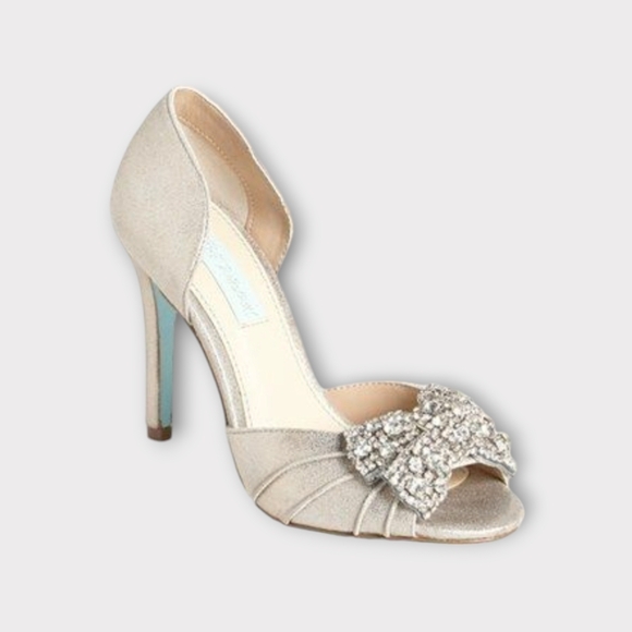 Blue by Betsey Johnson "Gown" Crystal Bow Champagne Leather Peep Toe Hee… - Picture 1 of 11